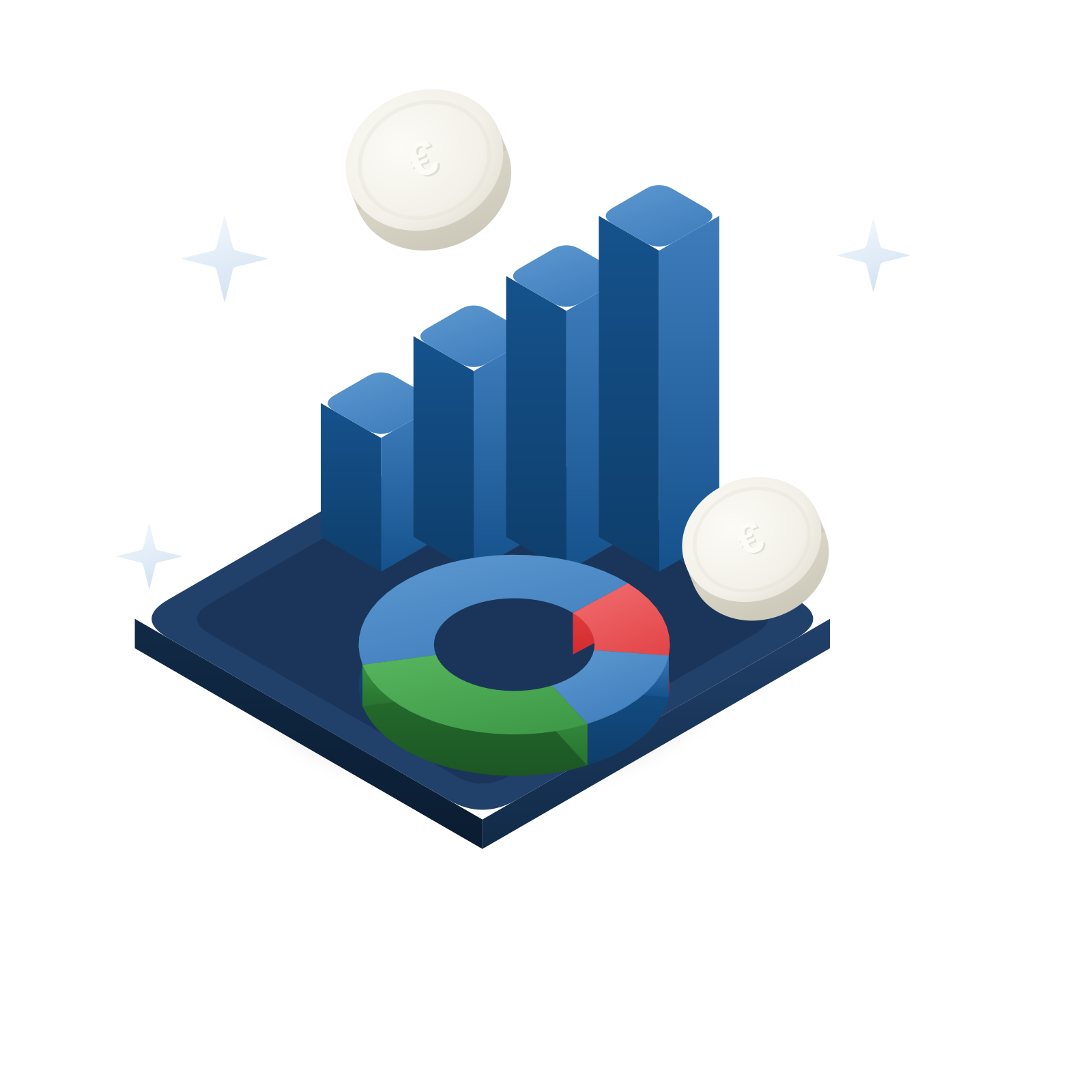 Izometrická 3D ilustrácia: stúpajúci stĺpcový graf a prstencový diagram s mincami „€" na tmavomodrom podstavci